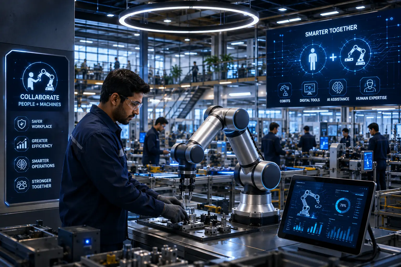 Cobots working alongside factory operators